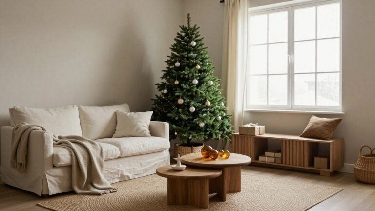 A living room corner with a decorated evergreen Christmas tree next to two creamy upholstered sofas, a round wooden coffee table holding wrapped gifts and glass ornaments on a round jute rug.