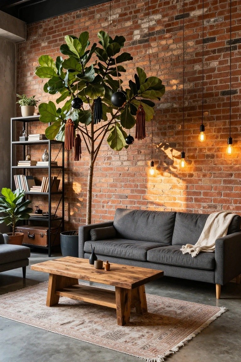 Modern industrial living room featuring exposed brick walls, gray sofa, wooden coffee table, metal shelving with books, potted plants, and a large fiddle leaf fig tree decorated with black spherical ornaments and tassel garlands under hanging Edison bulb lights.