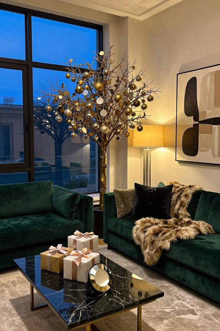Living room with tall gold twig Christmas tree adorned with gold balls and mirrors next to emerald green velvet sofas, black marble coffee table holding wrapped gifts and a clock, yellow lamp, abstract wall art, and large windows at dusk.