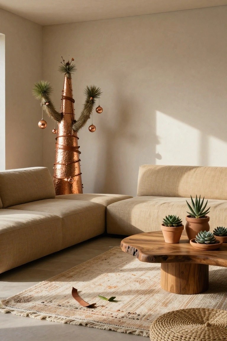 Living room corner featuring a tall hammered copper Christmas tree sculpture with spiky plants, tillandsia, and copper baubles, next to a beige L-shaped sofa, wooden coffee table with potted succulents, and a woven rug on the floor.