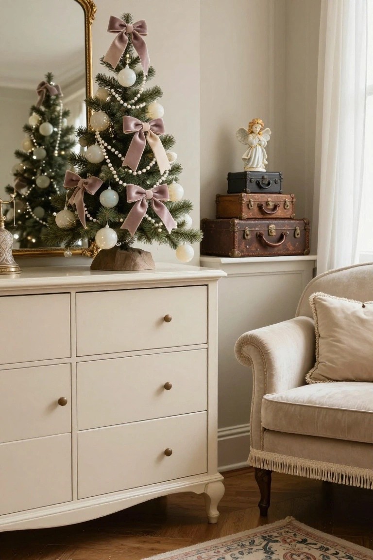 Two small artificial Christmas trees decorated with mauve velvet ribbons, white pearl garlands, and pale ornaments sit on a white dresser beside a gold-framed mirror, with stacked brown vintage suitcases, a white angel figurine, and a beige armchair in the background.