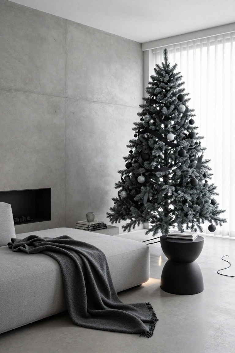 A blue-gray artificial Christmas tree decorated with black and silver baubles stands next to a light gray sofa in a minimalist living room with exposed concrete walls, a built-in fireplace, sheer curtains, and a black stool holding wrapped gifts.