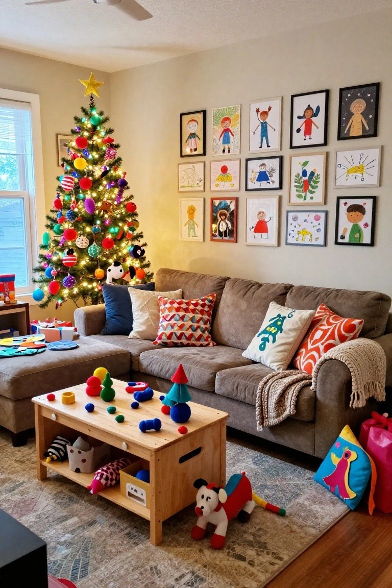 Living room with a tall multicolored Christmas tree decorated with varied ornaments and lights near a window, children's artwork framed on walls, beige sectional sofa with pillows and throw, wooden toy table with blocks and shapes, toy horse on rug, and gift bags nearby.