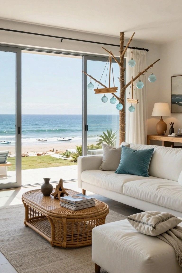 Living room interior with white sofas, rattan coffee table, woven rug, and a large rope-wrapped branch chandelier holding blue glass orbs, viewed through open sliding glass doors to a beach and ocean.