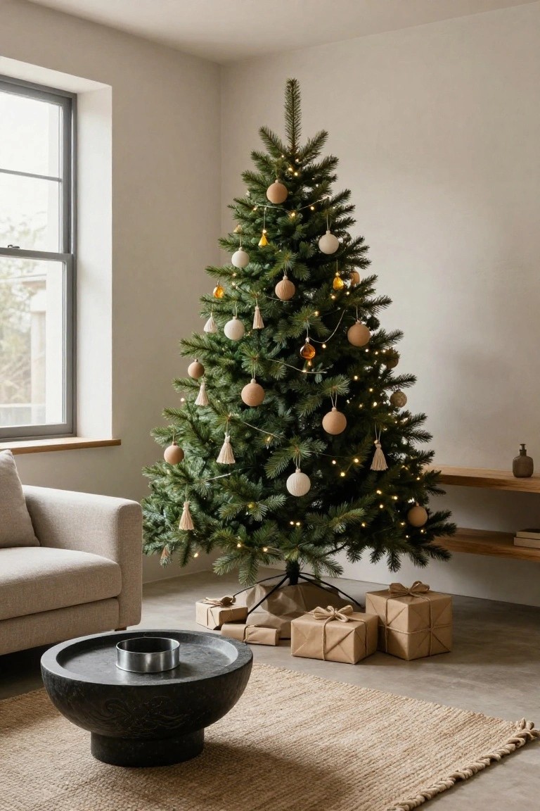 Living room corner with a green Christmas tree decorated in neutral beige wooden and tassel ornaments, warm white string lights, beige sofa, black stone pedestal table, wrapped brown paper gifts, and seagrass rug on concrete floor.