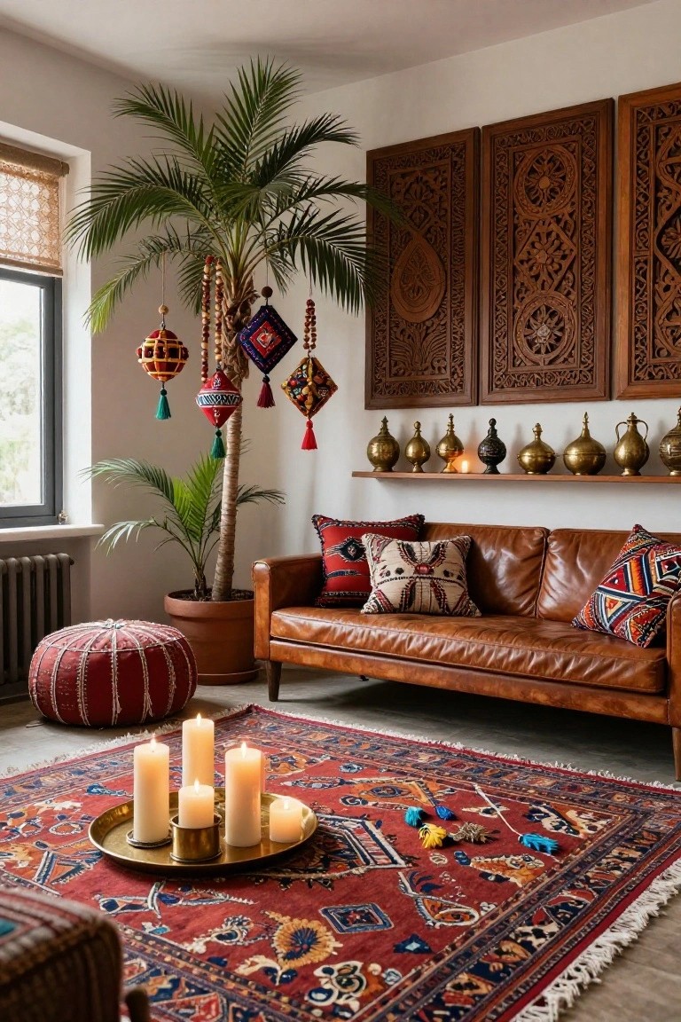 Living room corner with tall potted palm tree decorated with colorful hanging lanterns, beads, and tassel ornaments, tan leather sofa with patterned pillows, red pouf stool, wooden carved wall panels, brass vases on shelf, and candles on brass tray over red patterned rug.