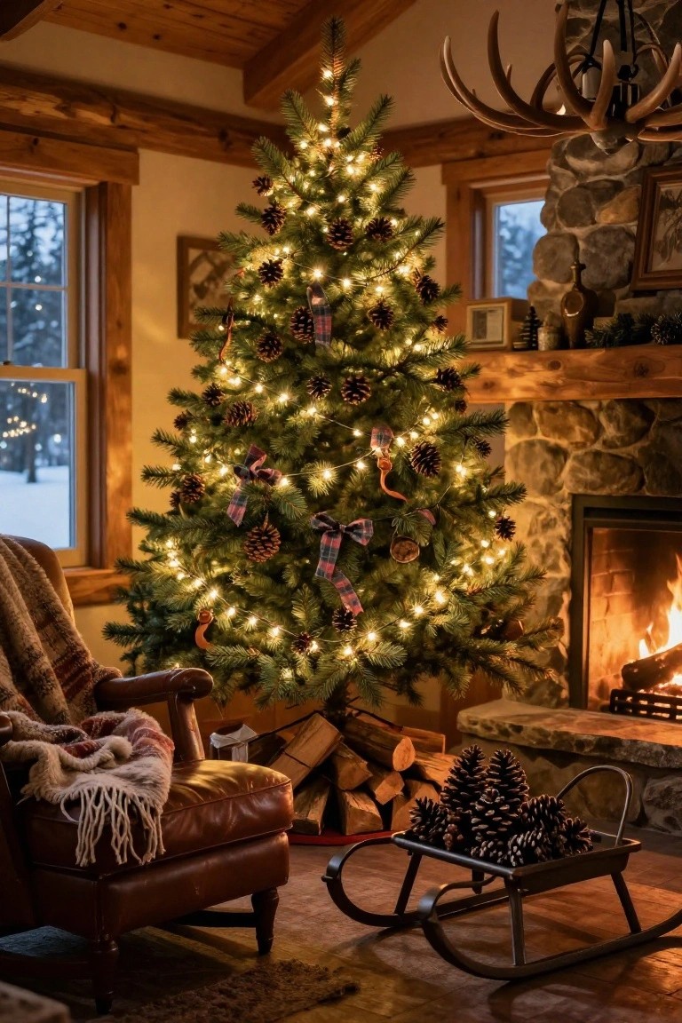 Log cabin living room corner featuring a lit Christmas tree with pinecone ornaments and plaid ribbon bow beside a stone fireplace, leather armchair with blanket, firewood, pinecone-filled sleigh, and snowy window view.