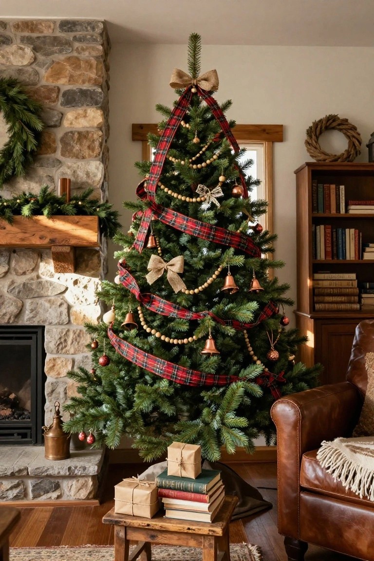 Living room Christmas tree wrapped in red and black plaid ribbons with wooden bead garlands, brass bells, and ornaments next to a stone fireplace, wooden stool with wrapped gifts, leather armchair, and bookshelves.