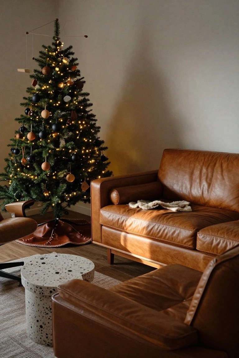 Living room corner featuring a lit evergreen Christmas tree with brown wooden spheres, black ball ornaments, and white string lights next to a tan leather sofa, a speckled white side table, and a cream throw on a light wood floor.