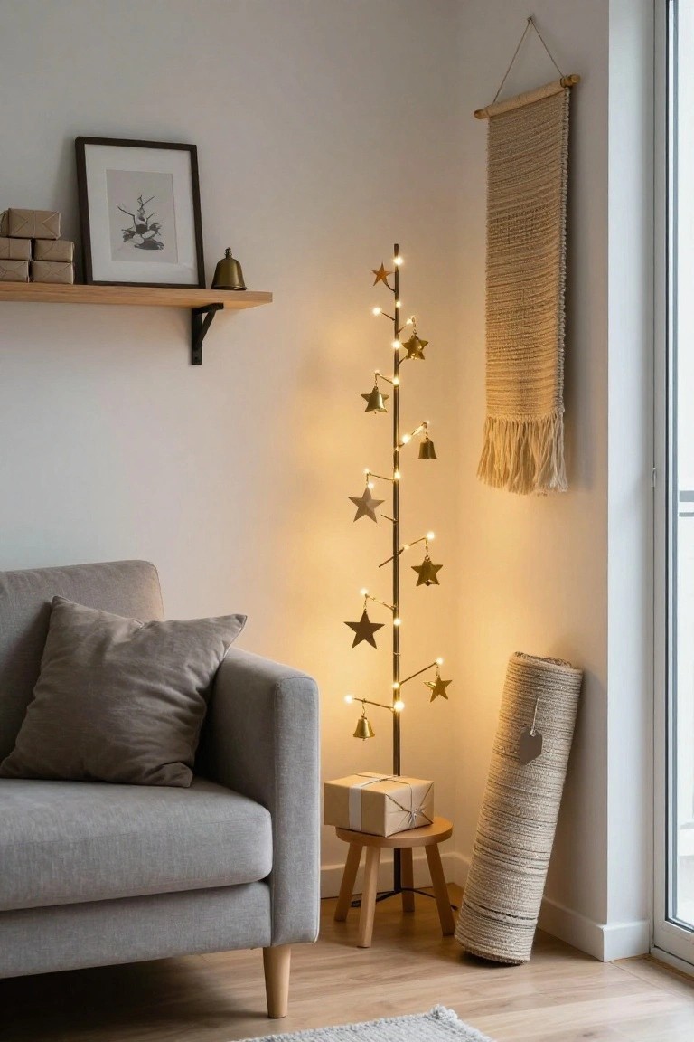 Corner of a modern living room with a tall slim gold-toned pole tree stand lit with small stars and bells, gray fabric sofa with pillow, wooden shelf with art and boxes, woven wall hanging, rolled rug, and small stool holding a wrapped gift box.