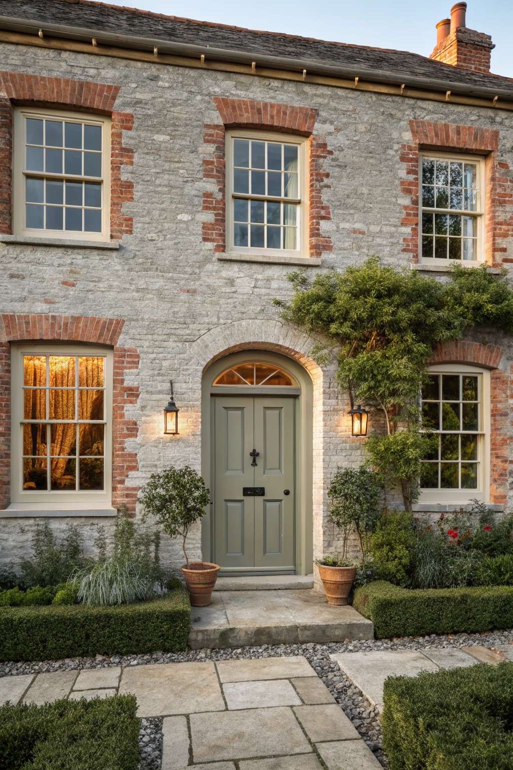Two-story house exterior with light gray brick walls and red brick arches around multipane sash windows and arched front entry, featuring a sage green double door with black hardware, wall lanterns, potted plants, boxwood hedges, and a stone pathway.