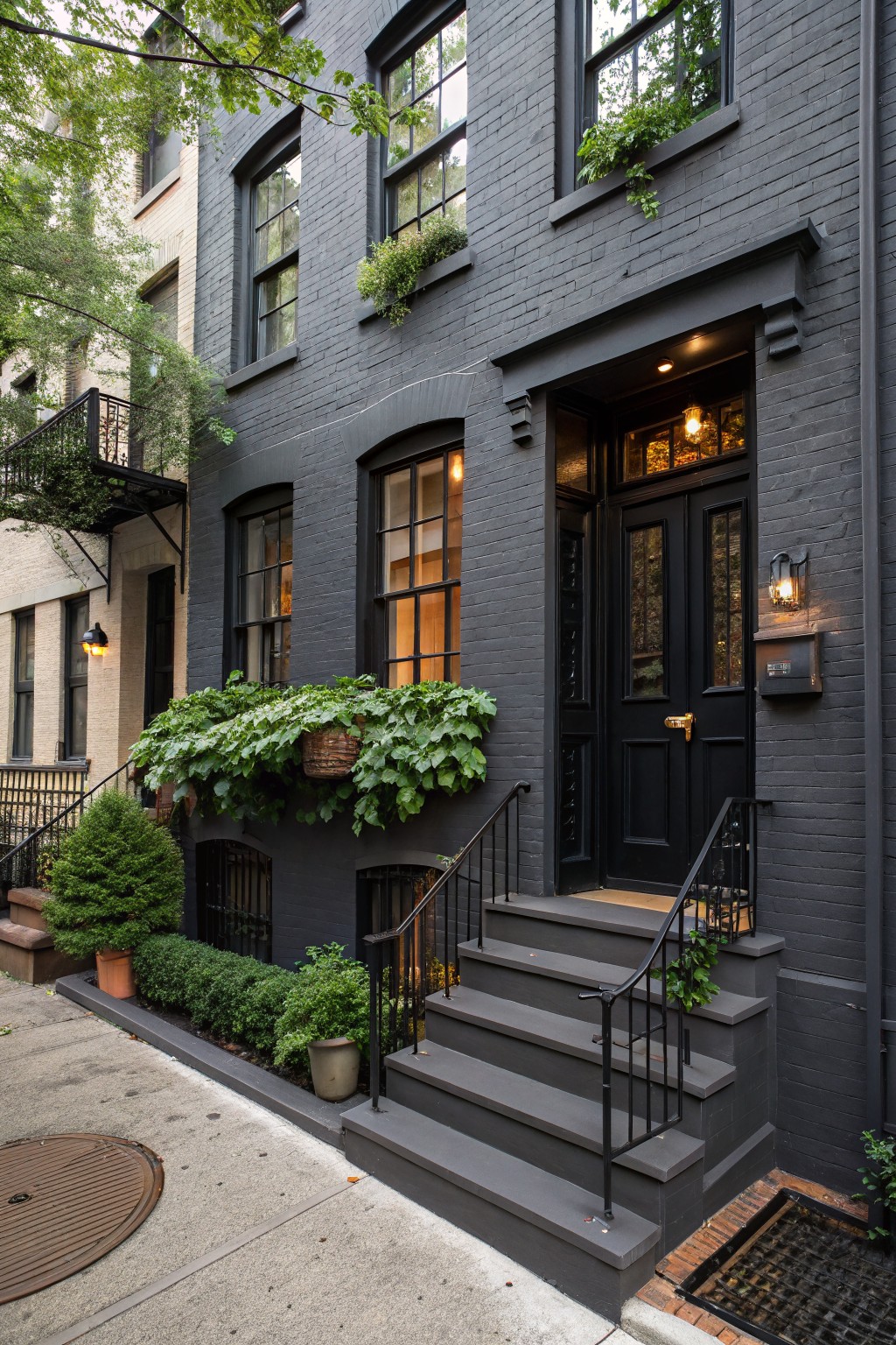 Dark gray painted brick townhouse exterior with black-framed windows, double black front doors, stone entry steps with black railing, potted plants, and hanging greenery.