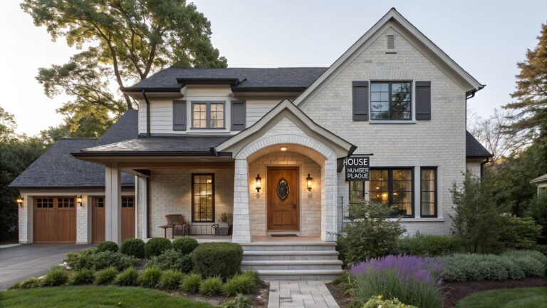 Light gray painted brick two-story house exterior with dark gray roof, black shutters, centered arched portico entry supported by columns, wood front door, lanterns, stone steps, potted plants, lavender borders, shrubs, and curved paver walkway.