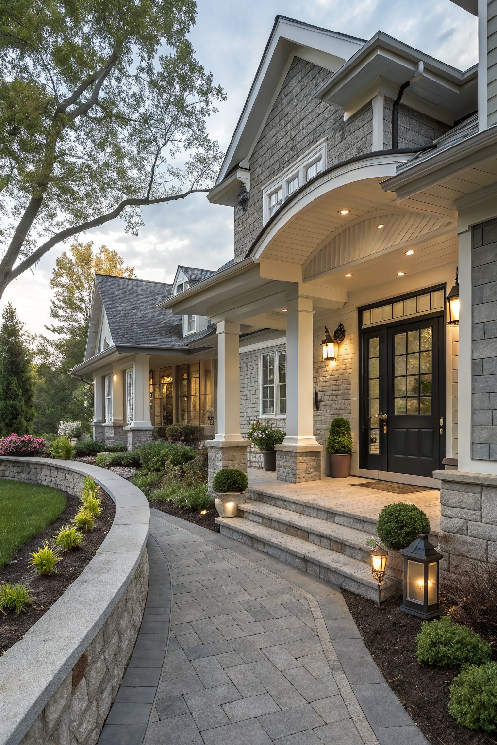 Gray shingle siding house with stone base and accents, covered arched porch entry with black double doors, stone steps, curved paver pathway with low wall, boxwood shrubs, and lanterns at dusk.
