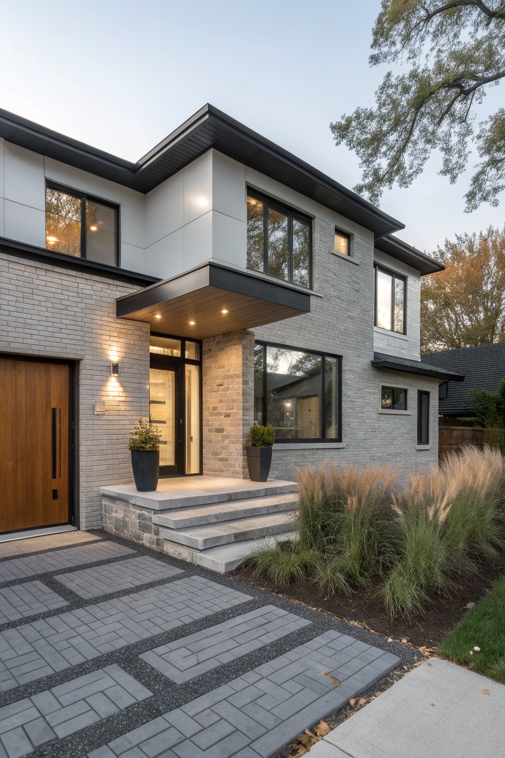 Two-story modern house exterior with light gray brick walls, black cantilevered metal canopy over a wooden front door, large glass windows, concrete steps, gray paver driveway, and ornamental grasses.