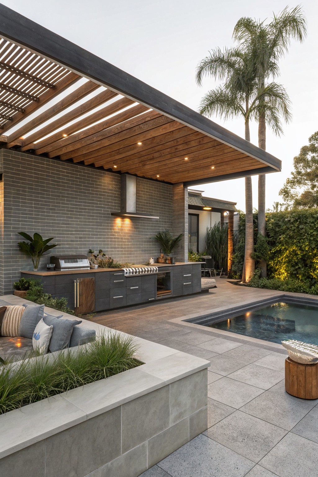 Outdoor kitchen with dark gray cabinets and built-in grill against a gray brick house wall under a slatted wooden pergola next to a pool and plants.