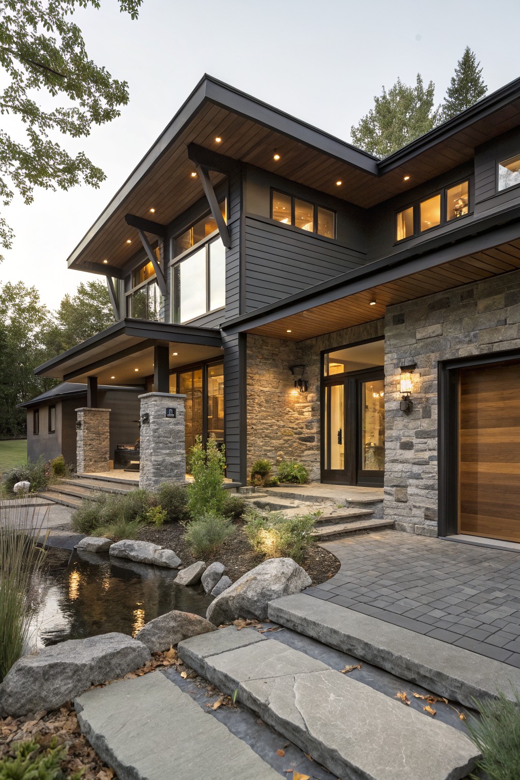 Modern two-story house exterior with dark gray siding, light gray stone pillars and accents framing a dark wood entry door, wood garage door, large glass windows, overhanging roof with exposed beams, steps leading to paved entryway, rocks and plants nearby.
