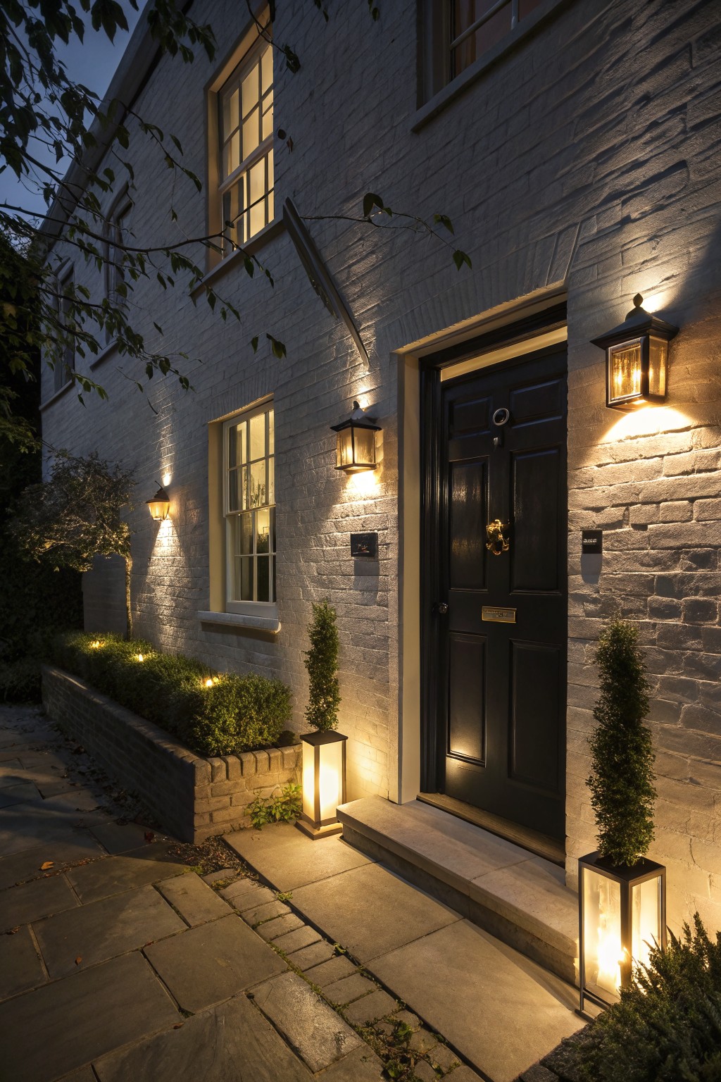 Evening photo of a light gray brick house facade with a centered black front door, flanked by lanterns and boxwood shrubs, path lights in a planting bed, and illuminated windows above.