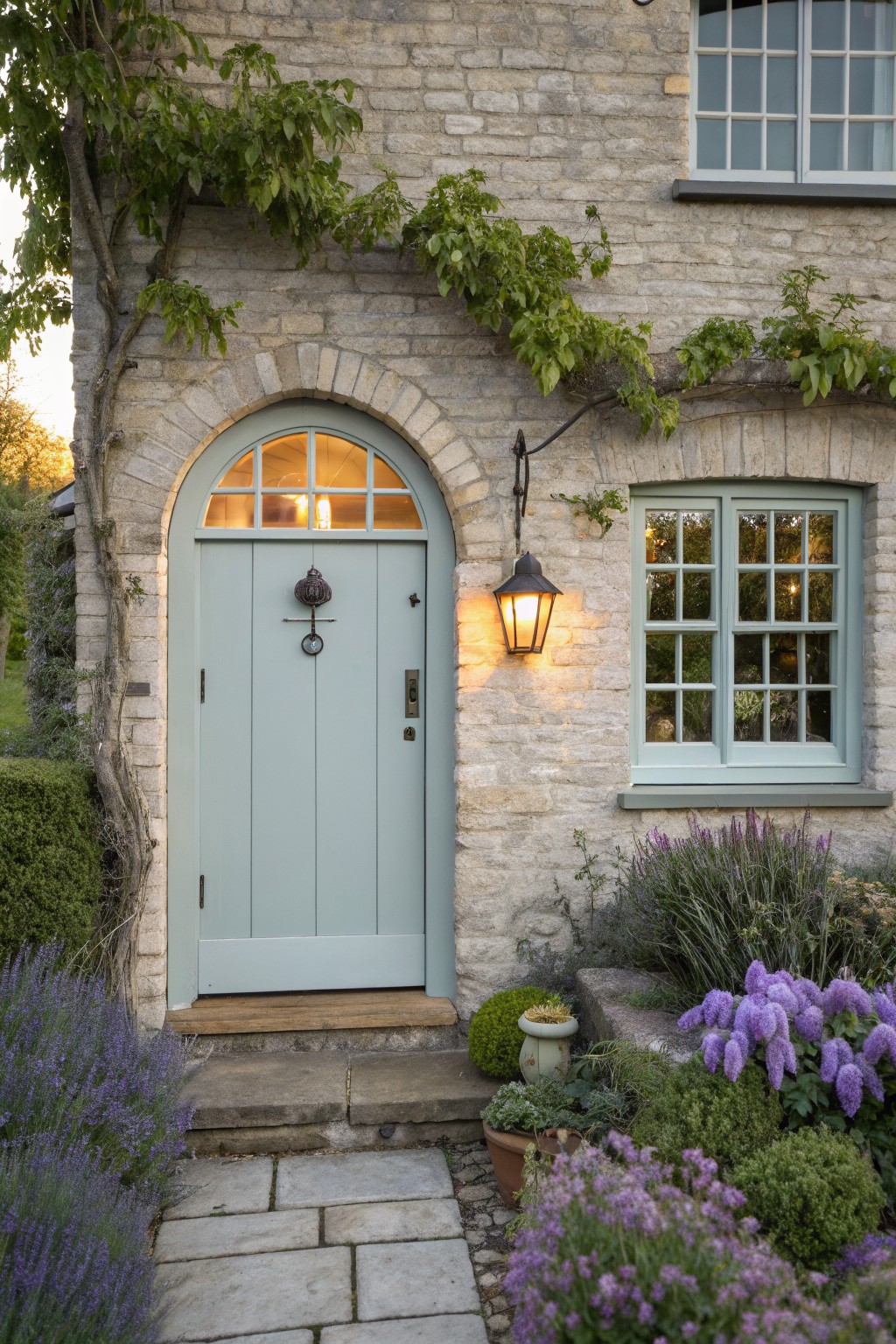 Light beige brick house exterior with sage green painted wooden front door under an arched fanlight window, black metal lantern mounted nearby, climbing vines on walls, lavender and agastache plants in beds along a stone path.
