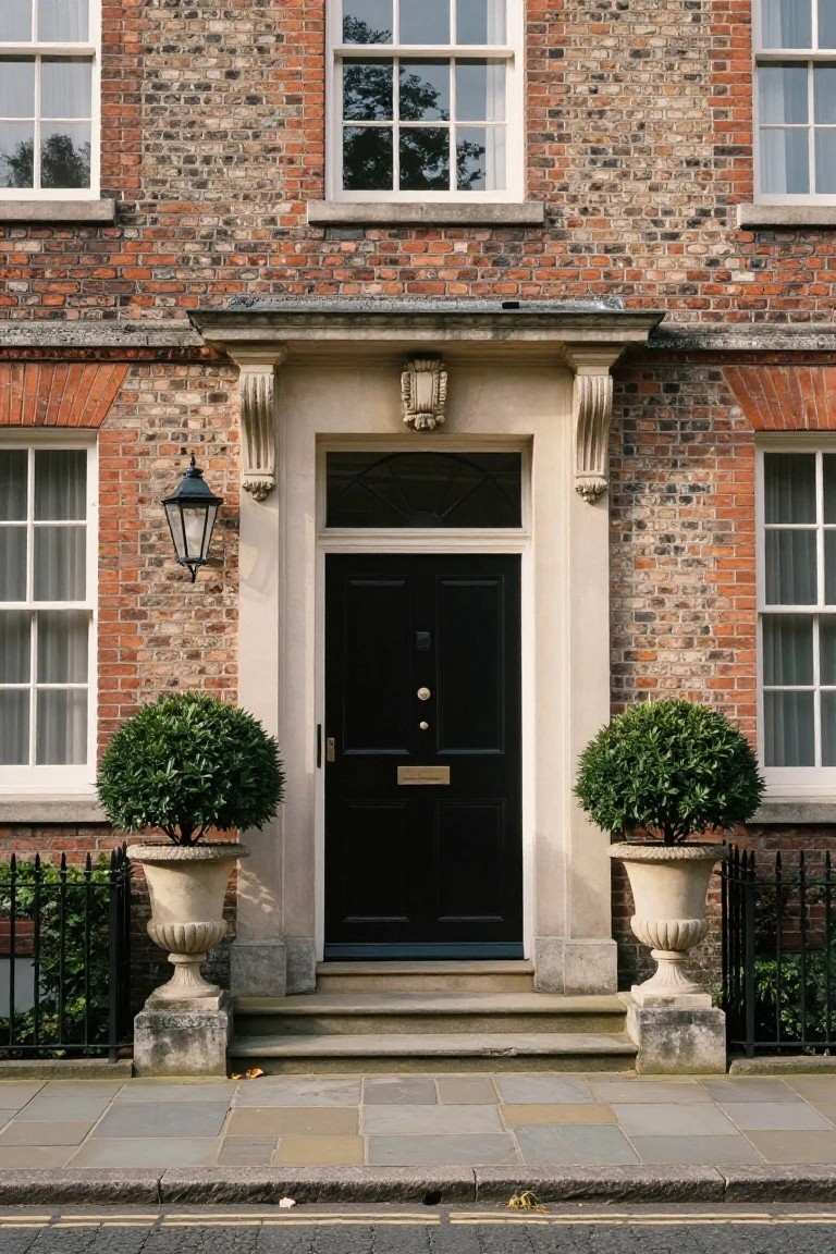 Brick townhouse facade with black front door in pale stone pedimented surround and columns, flanked by lantern light and urns containing clipped boxwood topiaries, on stone steps beside iron railings and pavement.
