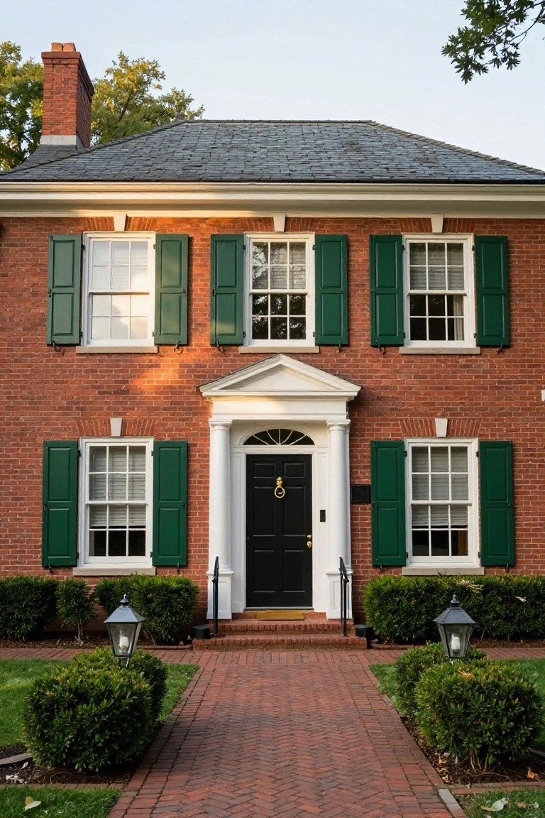 A two-story red brick Colonial house with green shutters on white-framed windows, a centered white portico featuring columns and a black front door with brass knocker, brick walkway, and boxwood shrubs.