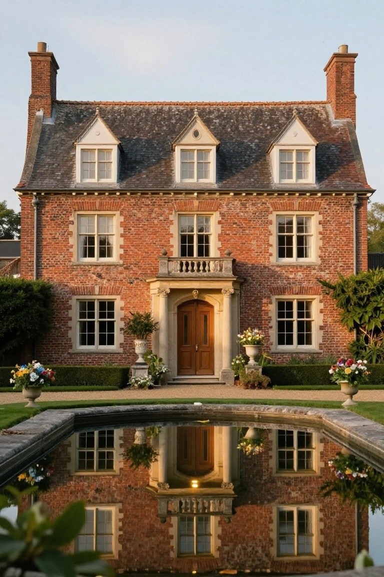 Red brick two-story house with slate roof, dormer windows, central balcony and wooden door, reflected symmetrically in rectangular pool with manicured gardens and flower urns.