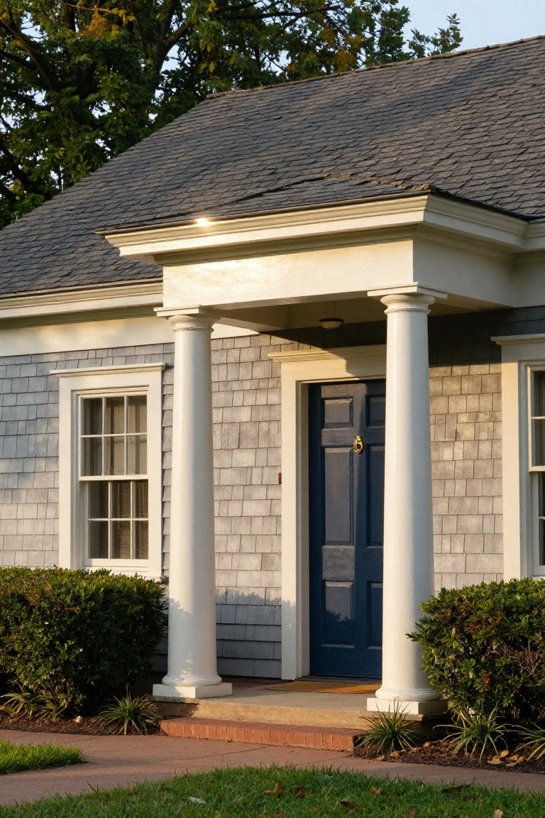 Gray shingled one-story house with white fluted columns and pedimented portico over a navy blue front door, flanked by low green shrubs and a brick walkway.