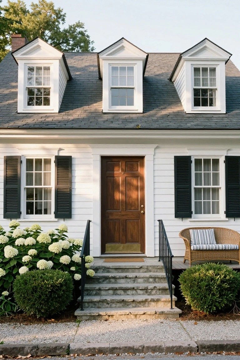 White colonial house with gray shingle roof, dormer windows, black shutters, dark wood front door, stone steps, hydrangea bushes, boxwood shrubs, wicker chair with cushions, and gravel path.