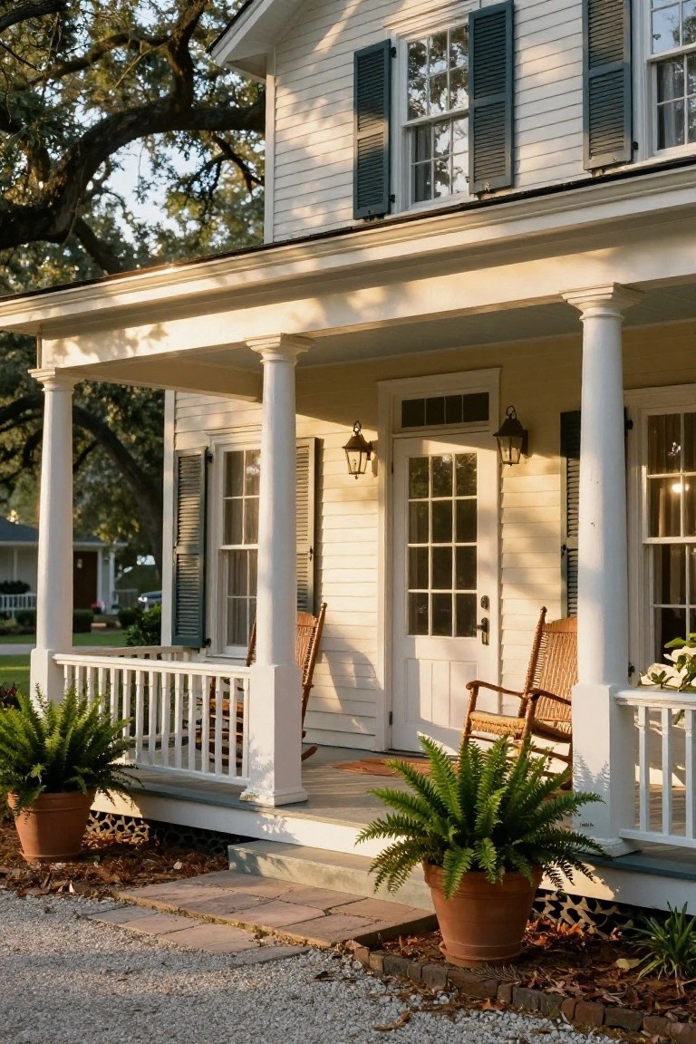 White clapboard colonial house with tall columns supporting a wide front porch, two wicker rocking chairs, potted ferns on either side, lanterns by the nine-paneled door, black shutters, and gravel driveway edged in brick.