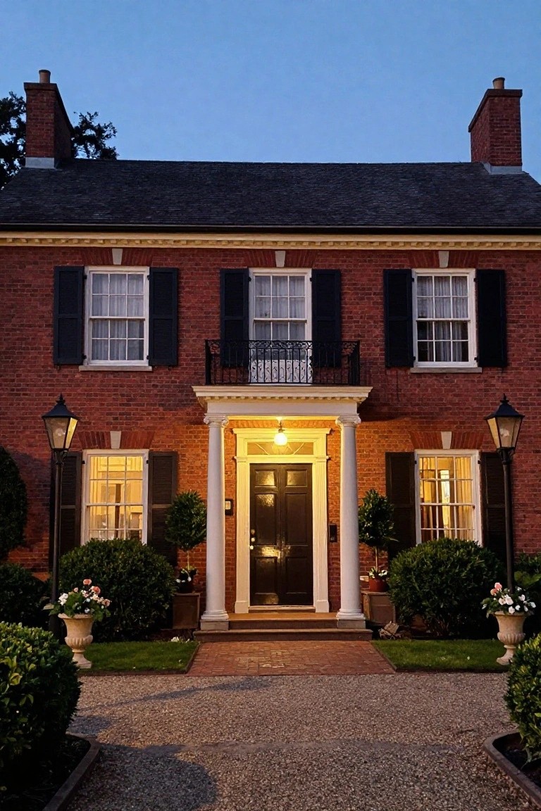 Front exterior of a two-story red brick house with black shutters, white columned portico over the dark wood door, black lanterns, boxwood shrubs in pots, and gravel path at dusk.