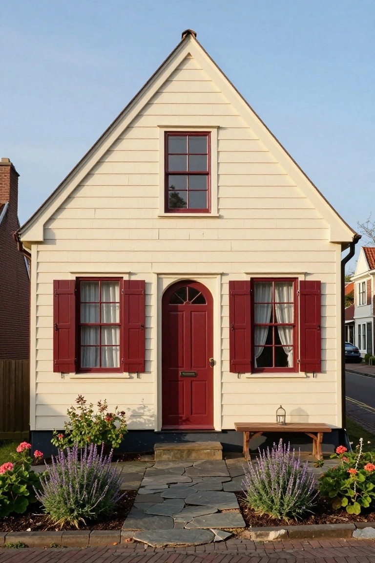 Small cream clapboard house with steep gabled roof, red arched front door, red shutters on flanking windows, lavender plants and stone path in front yard.