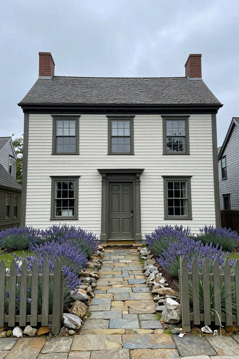 White clapboard two-story colonial house with dark trim on windows and green front door, symmetrical design, stone pathway lined with lavender plants and picket fence.