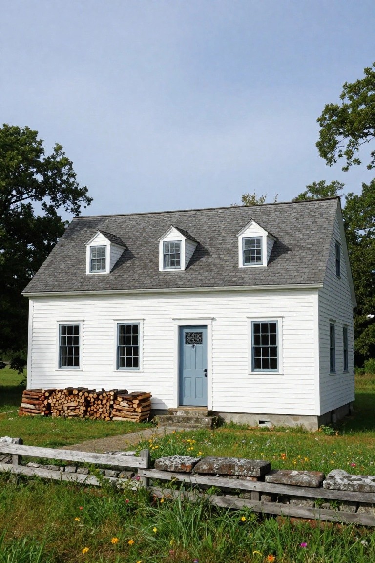 White clapboard house with gambrel roof and dormers, blue front door, stacked firewood, stone steps, split-rail fence, grass, wildflowers, and trees.