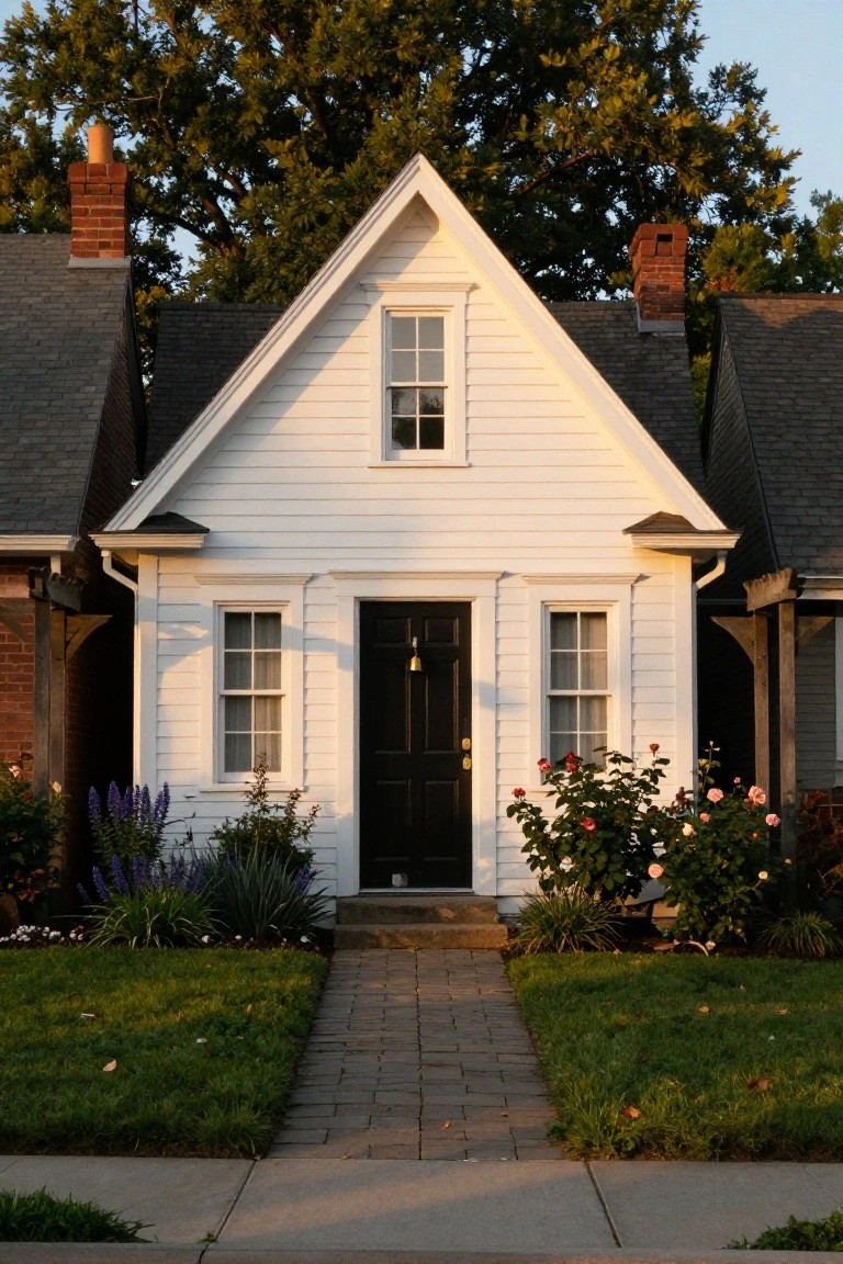 A small white clapboard house with gabled roof, black front door, flanked by double-hung windows, fronted by flower beds with roses and lilacs, and a brick paver pathway to the sidewalk.