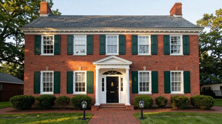 A two-story red brick Colonial house with green shutters on white-framed windows, a centered white portico featuring columns and a black front door with brass knocker, brick walkway, and boxwood shrubs.