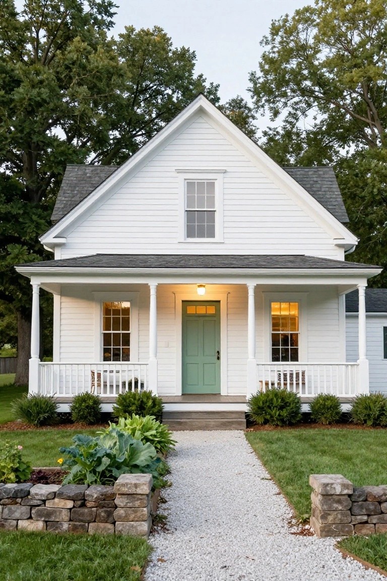 White clapboard colonial house with gabled roof, covered front porch, sage green front door, flanked by windows, gravel path with stone edging leading from yard to steps, surrounded by trees and garden beds.
