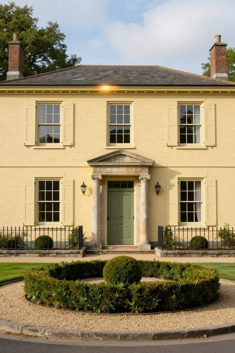 Pale yellow two-story house with symmetrical sash windows, green front door under a classical stone pediment and columns, flanked by lanterns and iron fences with boxwood shrubs, and a circular boxwood hedge in a gravel driveway circle.