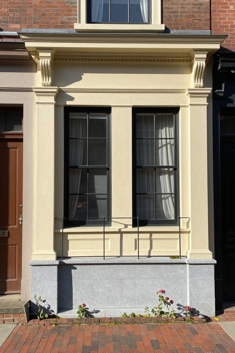 Close view of a three-story rowhouse facade with brick side walls, a central cream-painted section topped by a pediment and featuring paired black-framed double-hung windows with sheer curtains, Ionic pilasters, a granite base stoop, iron window grille, and small rose plants growing nearby on a red brick sidewalk.