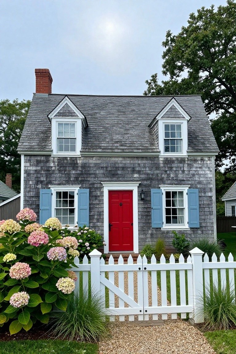 Gray shingled colonial house with blue shutters, red front door, white picket fence, hydrangea bushes, and gravel path.