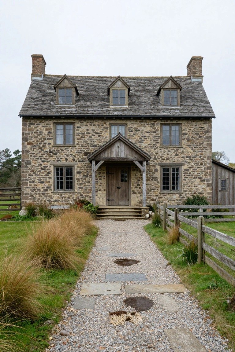 Two-story stone house with gabled slate roof, wooden covered porch at the centered entry door, stone walls with multi-pane windows, gravel pathway leading from wooden fence through grass and ornamental grasses.