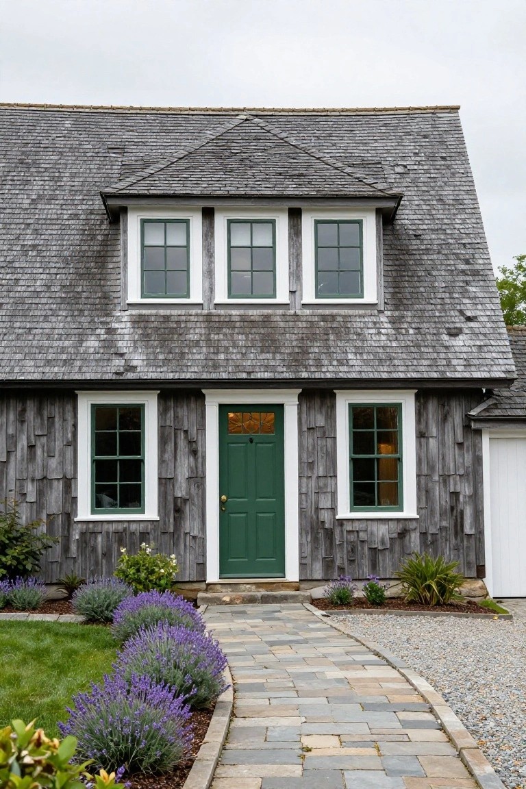Gray shingle-clad two-story house with white-trimmed windows, green front door, dormer roof, stone walkway lined with lavender plants, and gravel driveway.