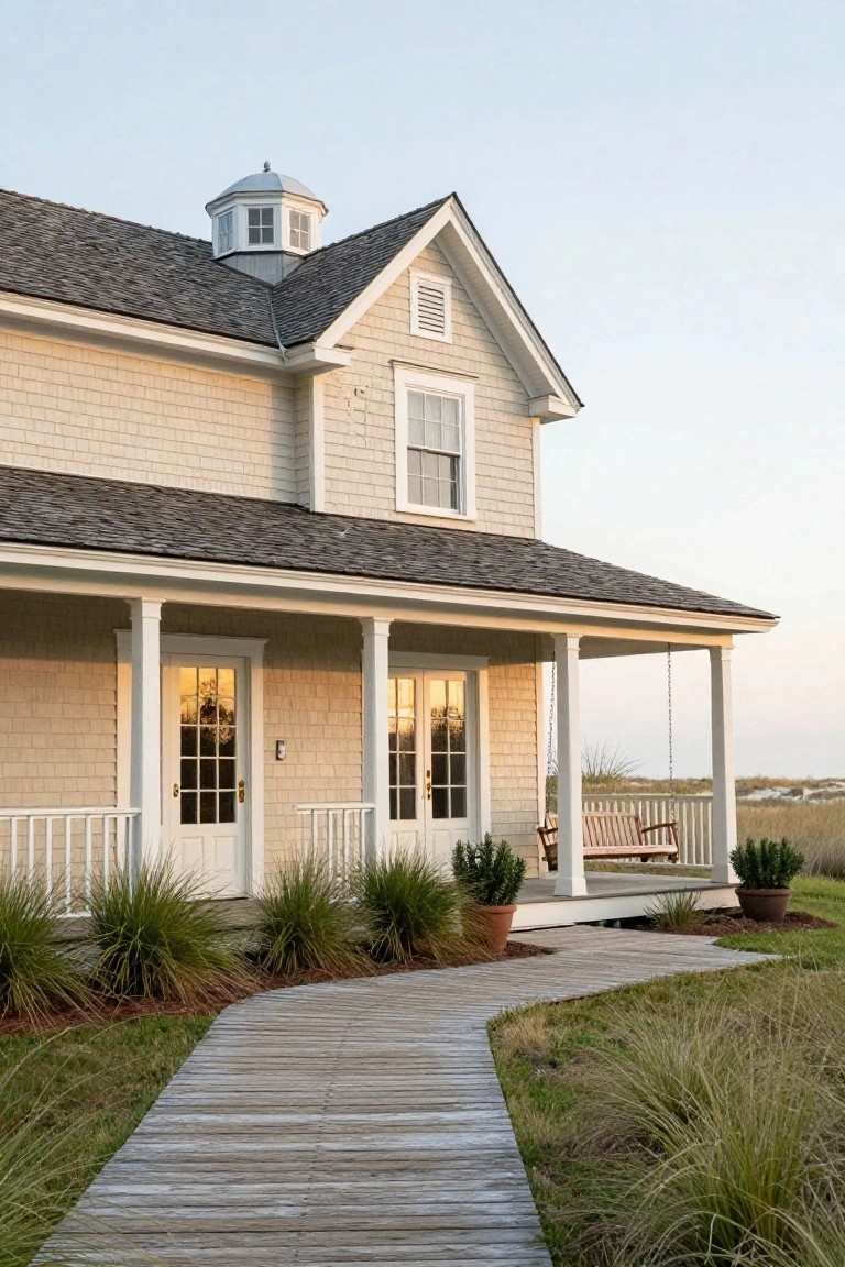 Beige shingle-sided two-story house with gabled roof, cupola, covered porch supported by white columns, hanging wooden swing, double doors, wooden boardwalk path, potted plants, and surrounding dune grasses at dusk.