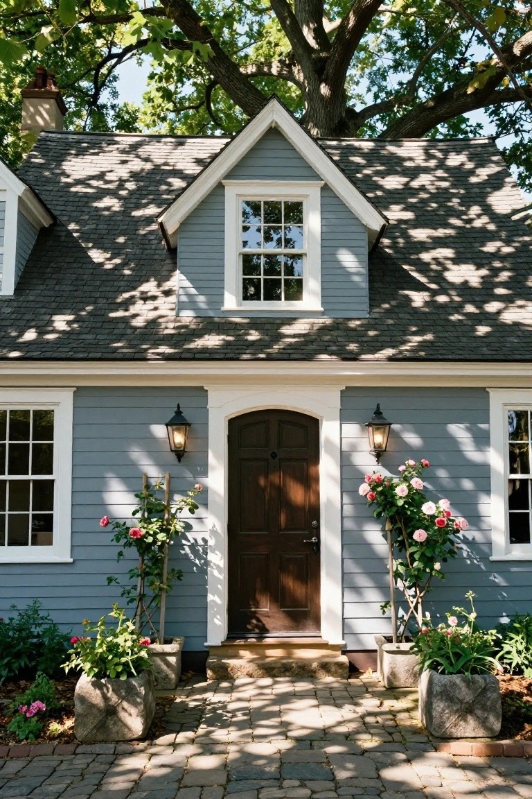 Light blue clapboard colonial house with white trim and dark wood arched front door centered between windows, flanked by black lanterns and tall square stone planters with pink rose bushes on a brick path under tree shade.