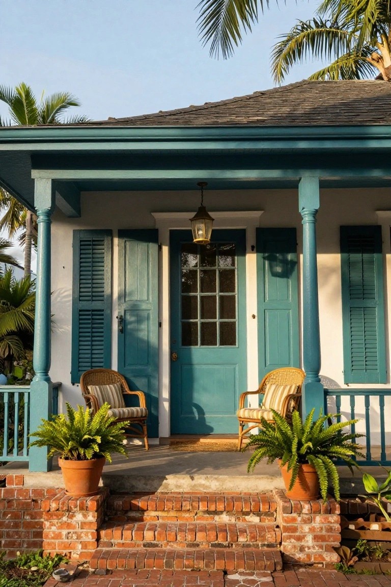Teal-painted colonial house exterior with white columns, blue shutters and door, wicker chairs on the porch with potted ferns, brick steps, and palm trees around.