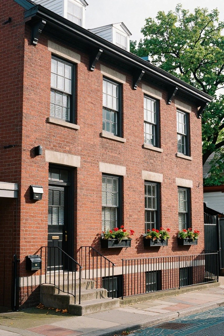 Three-story red brick townhouse with black window frames and shutters, window boxes filled with red geraniums, black front door, concrete steps with iron railing, and a tree nearby.