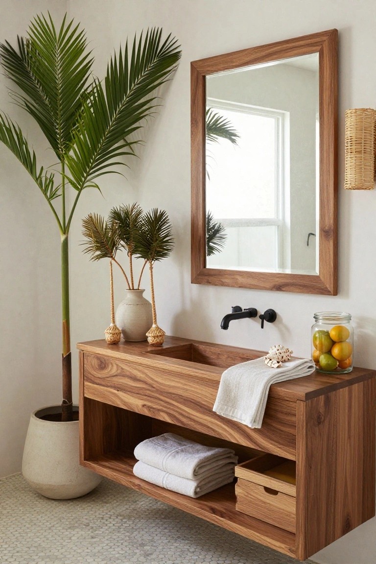 Floating wooden vanity with integrated sink and black faucet below a rectangular wood-framed mirror in a bathroom, accompanied by a tall potted palm plant, smaller potted palms, a jar of lemons, seashell, white towels, and woven light fixture against white walls and light tile floor.