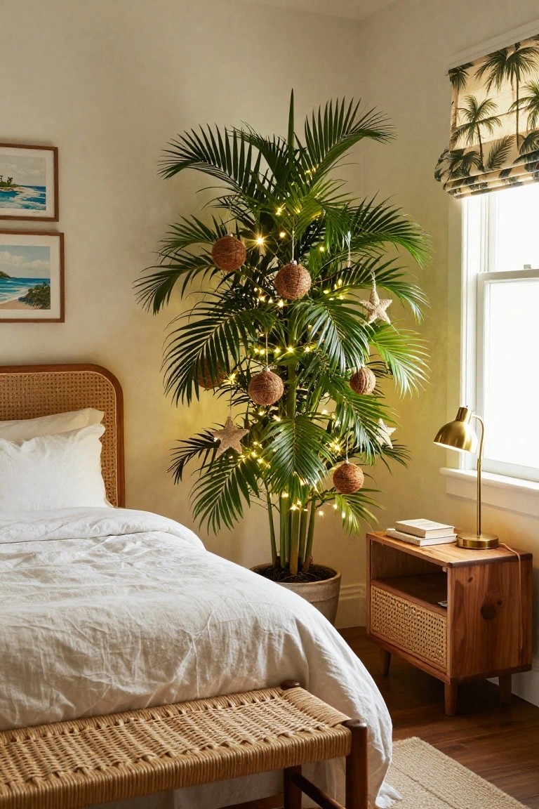 A bedroom corner with a tall potted palm tree decorated as a Christmas tree using string lights, woven coconut shell ornaments, and starfish, positioned beside a white bed with rattan headboard, wooden nightstand, and window with palm print shades.
