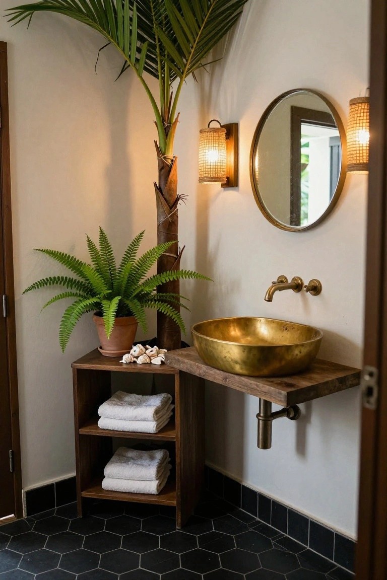 Bathroom corner with hammered brass vessel sink on floating wooden shelf vanity, flanked by tall potted palm tree and fern plant, rattan wall sconces, round mirror, stacked white towels on lower shelf, exposed brass drain pipe, and black hexagonal floor tiles.