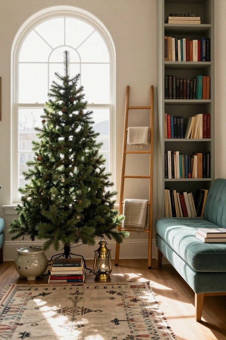 Green artificial Christmas tree in a living room corner next to tall gray bookshelves filled with books, arched window with sunlight, wooden ladder with blanket, teal sofa, brass lantern, ceramic pot, and patterned rug on wood floor.