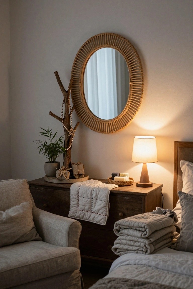 Bedroom corner with wooden dresser topped by lamp, stacked linens, soap dish, potted plant, shell tray, and driftwood branch hung with beads and star ornaments plus wrapped gifts at base, beside bed and armchair.